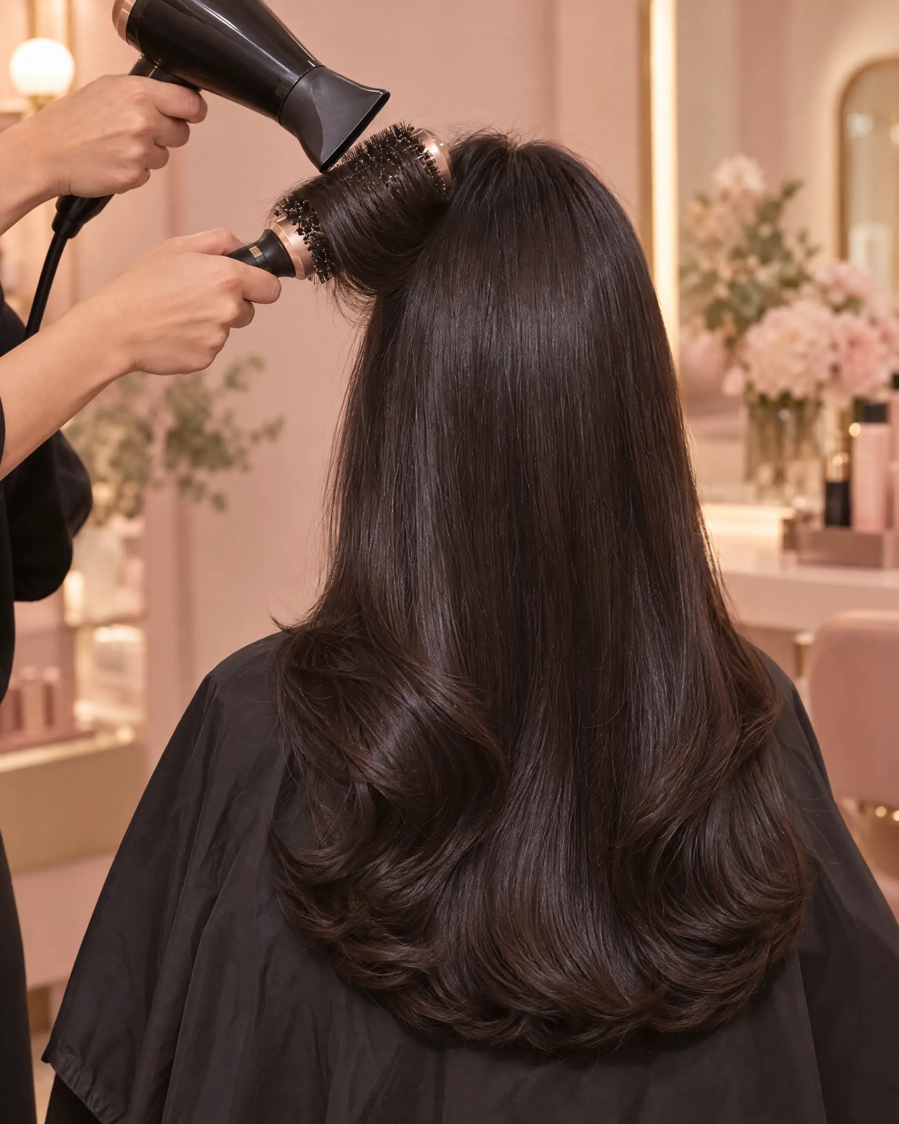 A stylist blow-dries long dark hair smooth with a round brush