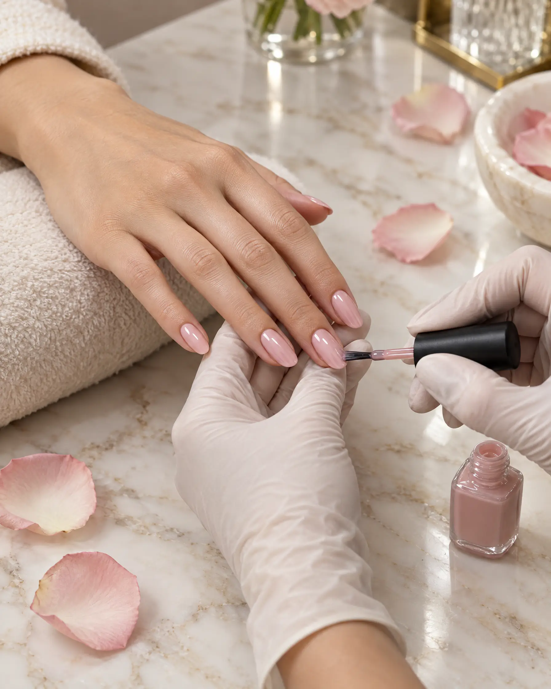 A nail technician paints a soft pink gel polish, rose petals on the marble table