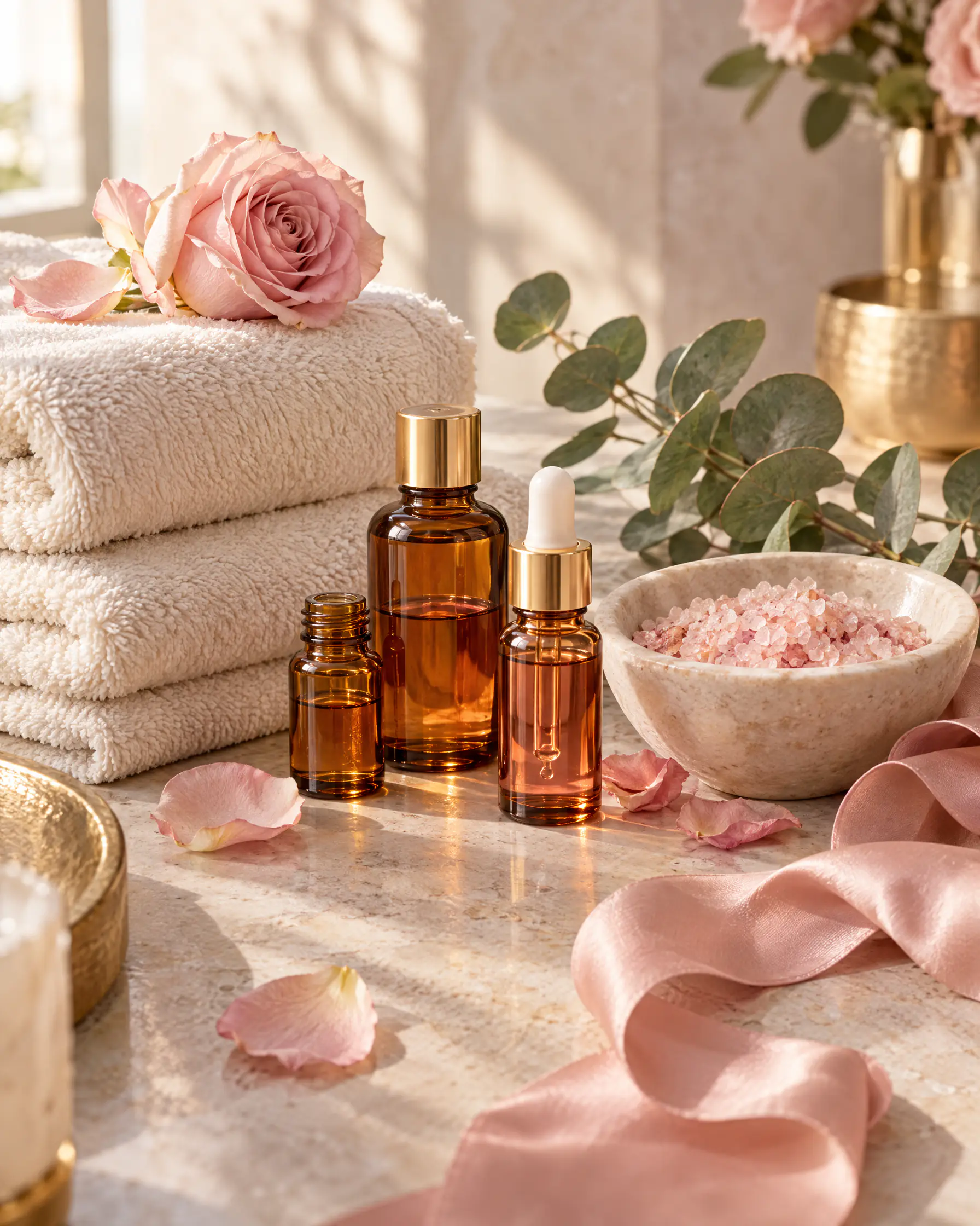 Folded white towels, amber oil bottles, pink bath salts and a rose on a marble spa counter